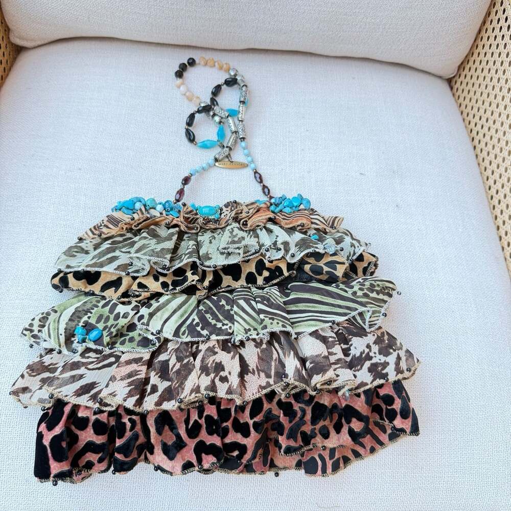 Mary Frances Bag 853 Animal Print Ruffle Turquoise Beaded Shoulder Bag